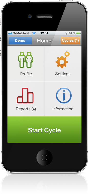 iP Voiding Diary home screen on an iPhone showing Profile, Settings, Reports and Information tiles above a Start Cycle button